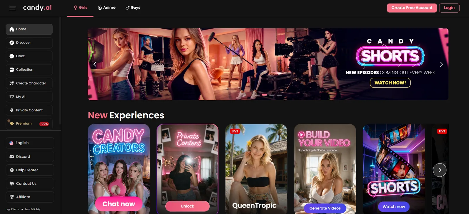 Candy AI homepage showing companion discovery and multimedia features